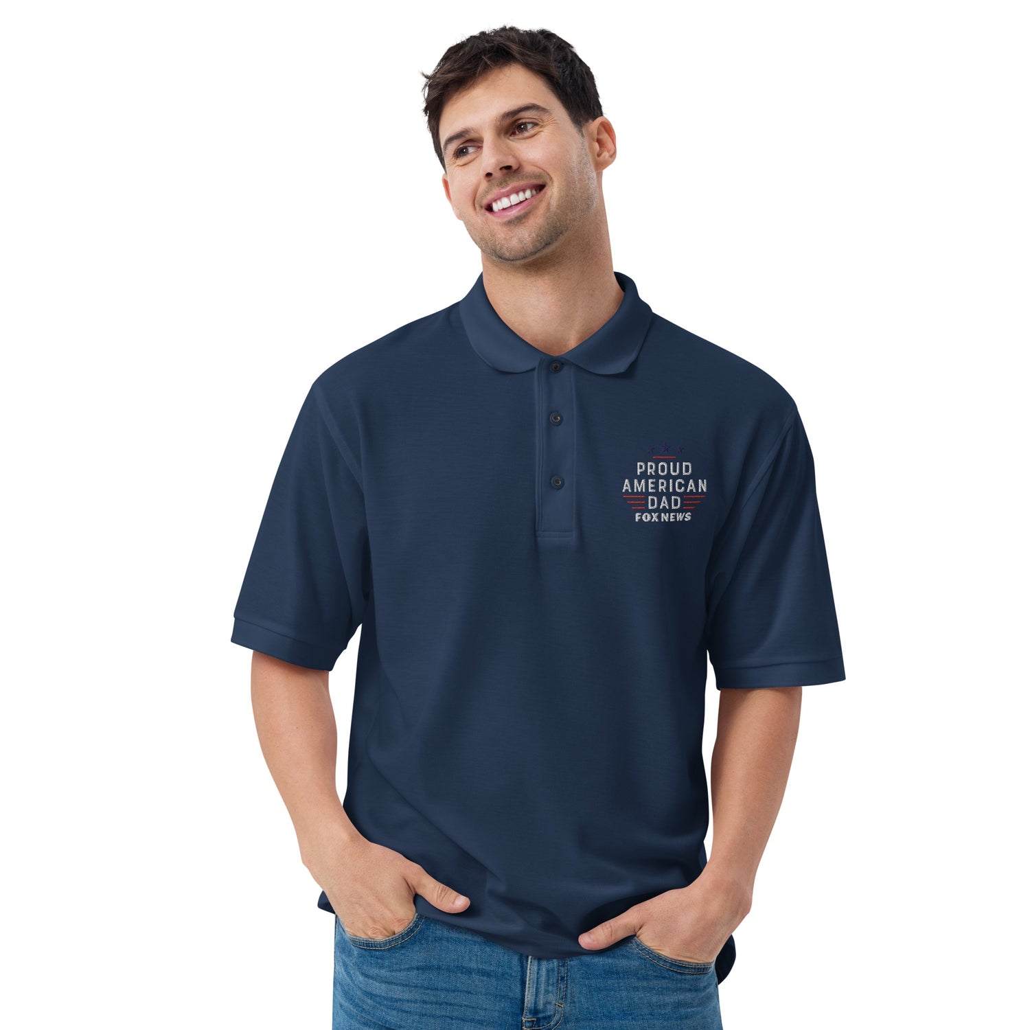 A close-up of the official FOX News branded neck label inside the polo shirt, confirming authenticity.