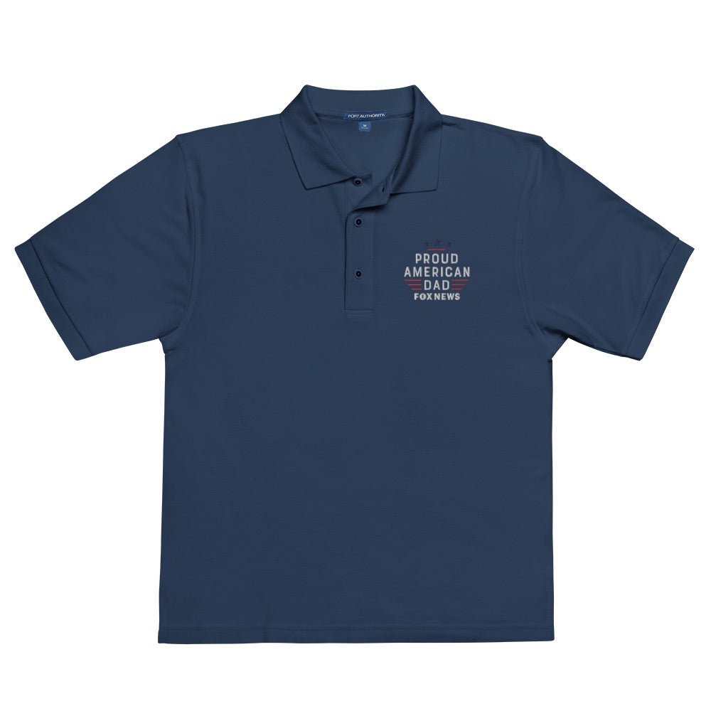 Detailed view of the sleeve and high-quality stitching on the FOX News Proud American Dad polo shirt.
