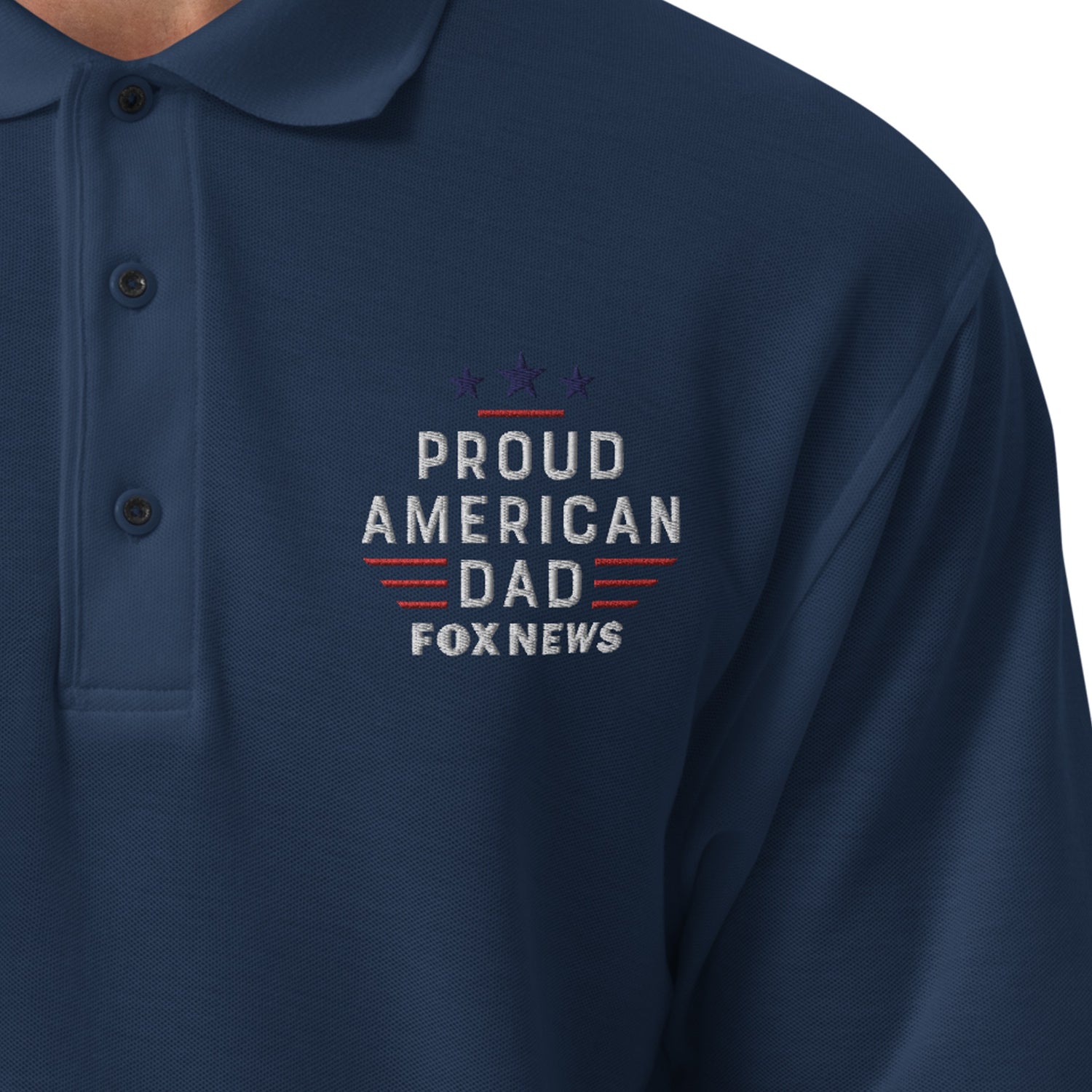 A suburban backyard setting showing the back view of the FOX News polo shirt for a complete look at its fit and fabric.