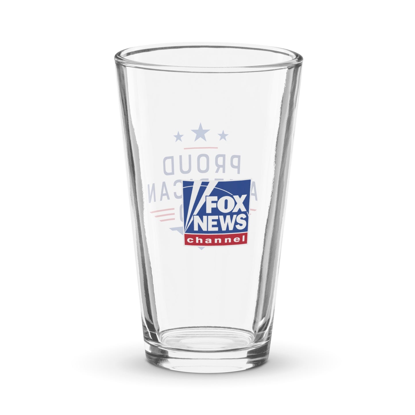 Close-up of the crisp FOX News logo and Proud American design on a clear 16-ounce pint glass.