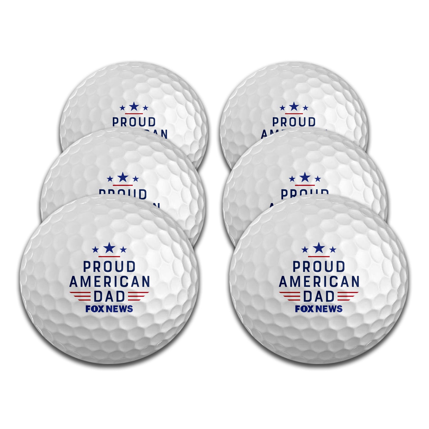 A set of six white golf balls featuring the FOX News logo and Proud American Dad graphic, displayed in a clean American home setting.