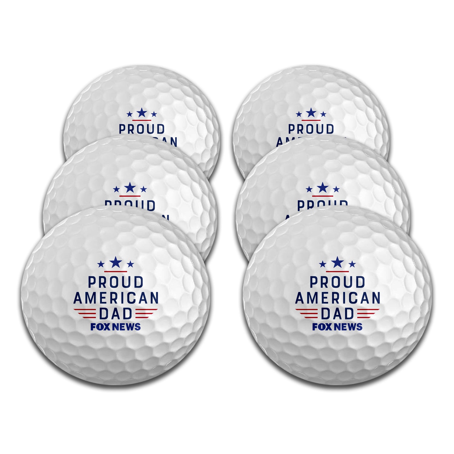 A set of six white golf balls featuring the FOX News logo and Proud American Dad graphic, displayed in a clean American home setting.