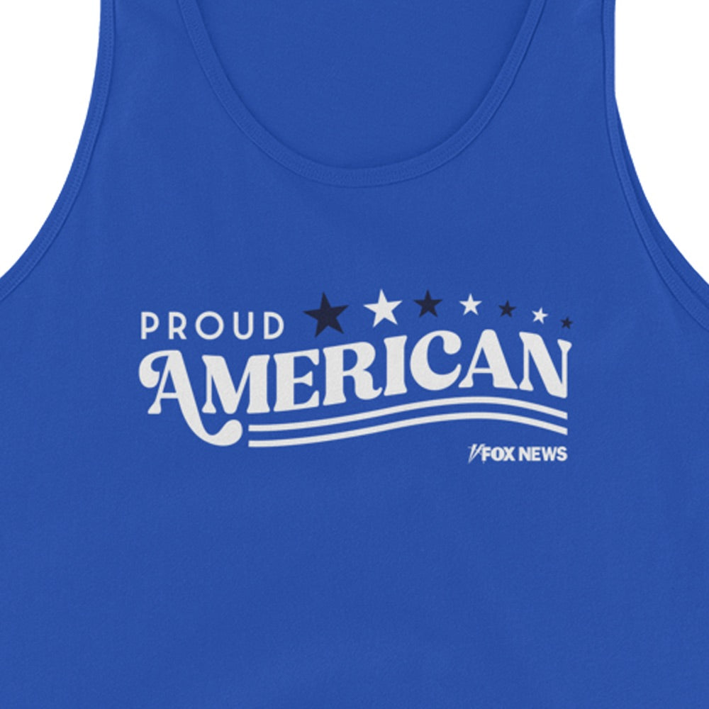 The royal blue FOX News Proud American Tank Top displayed flat, highlighting the high-quality print and sleeveless construction.