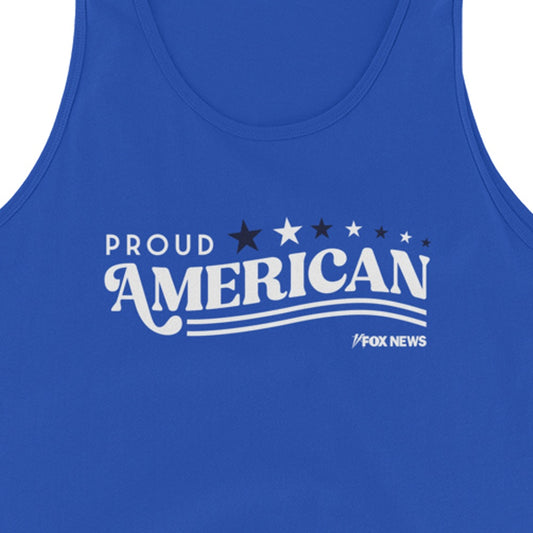 The royal blue FOX News Proud American Tank Top displayed flat, highlighting the high-quality print and sleeveless construction.
