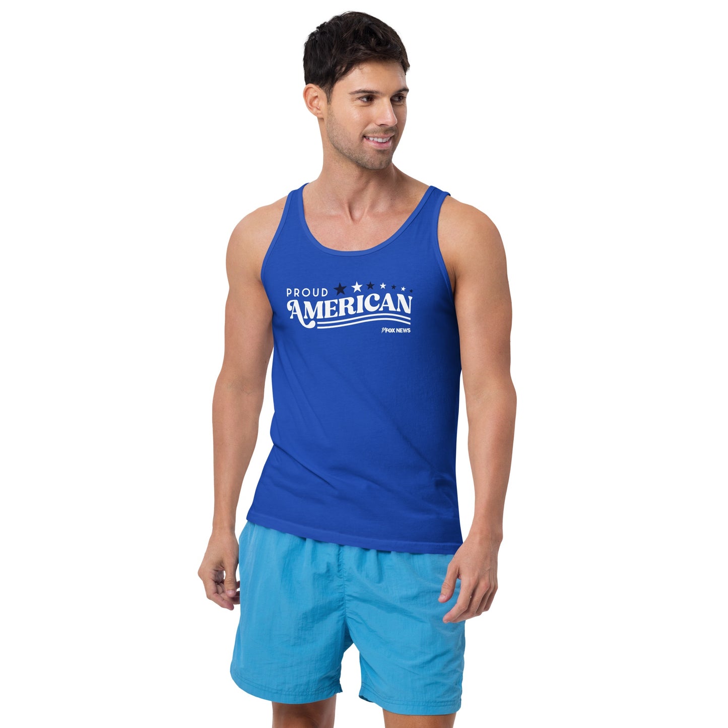 Close-up of the FOX News logo and Proud American graphic on the chest of the royal blue tank top.