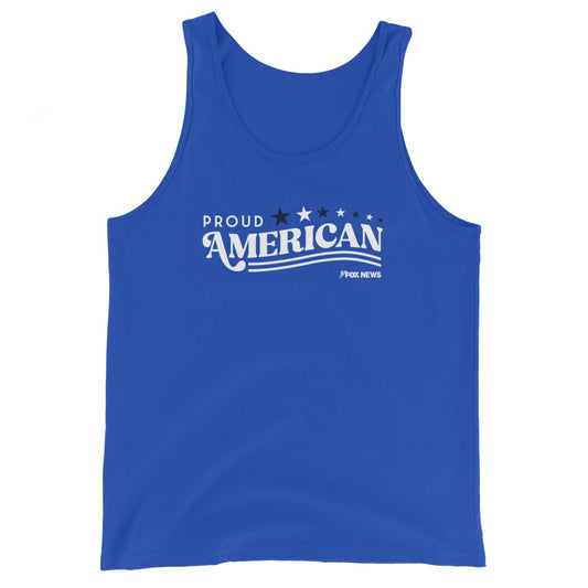 A person wearing the FOX News Proud American Tank Top in a clean American backyard setting, showing the crisp logo and bold graphic design.