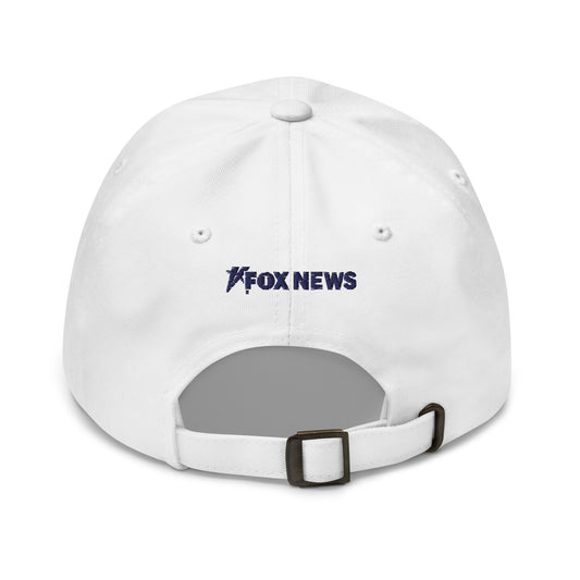 Close-up of the Cranberry FOX News Proud American hat showing the detailed white embroidery of the Proud American logo.