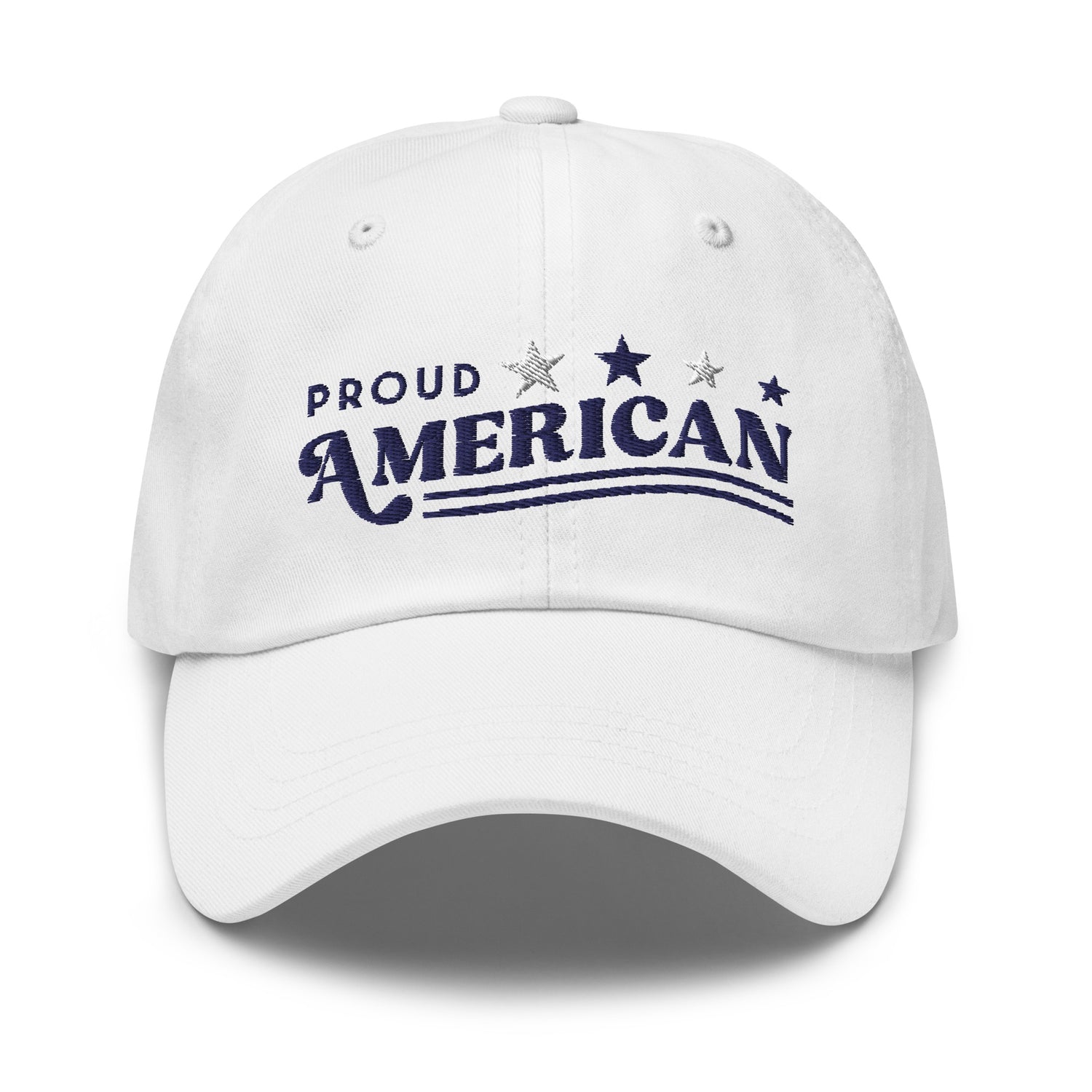 A front view of the FOX News Proud American embroidered hat in White, displayed on a clean wooden table in a brightly lit American home setting.