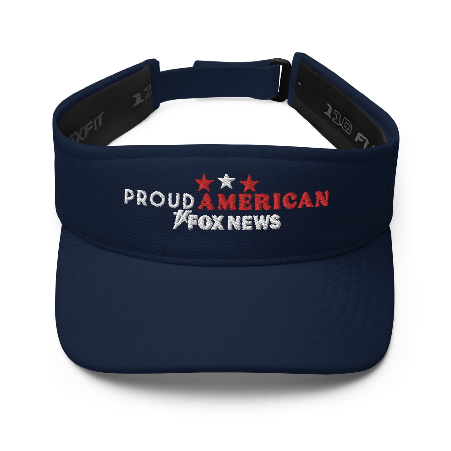 A person wearing the navy FOX News Proud American visor while enjoying a morning coffee on a suburban porch.