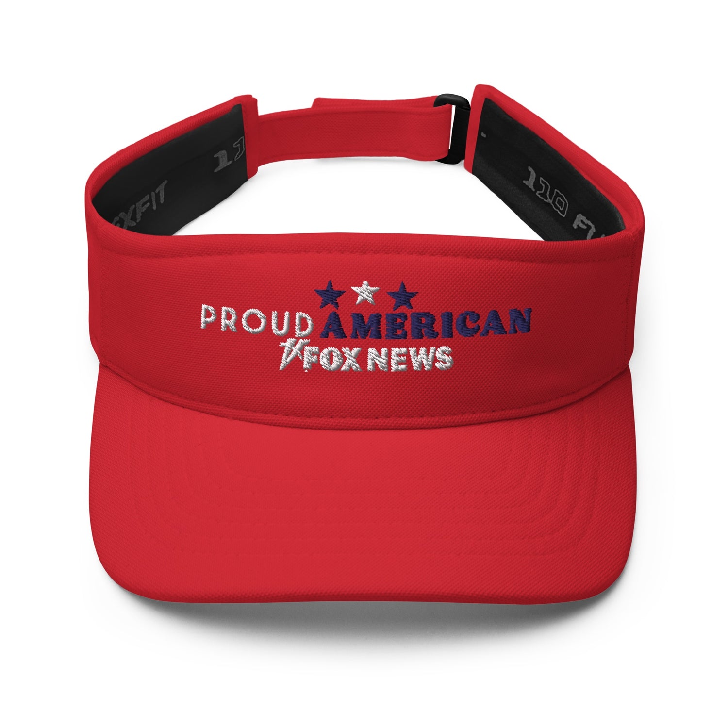 A crisp navy FOX News Proud American visor featuring white embroidery on a wooden table in a sunlit American backyard.