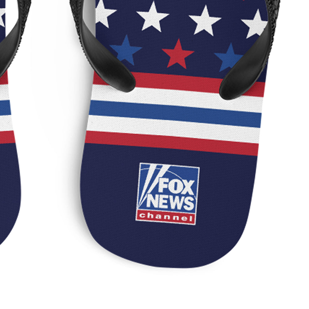 Close-up of the FOX News Proud American sandals showing the durable straps and high-quality printed design for everyday patriotic wear.