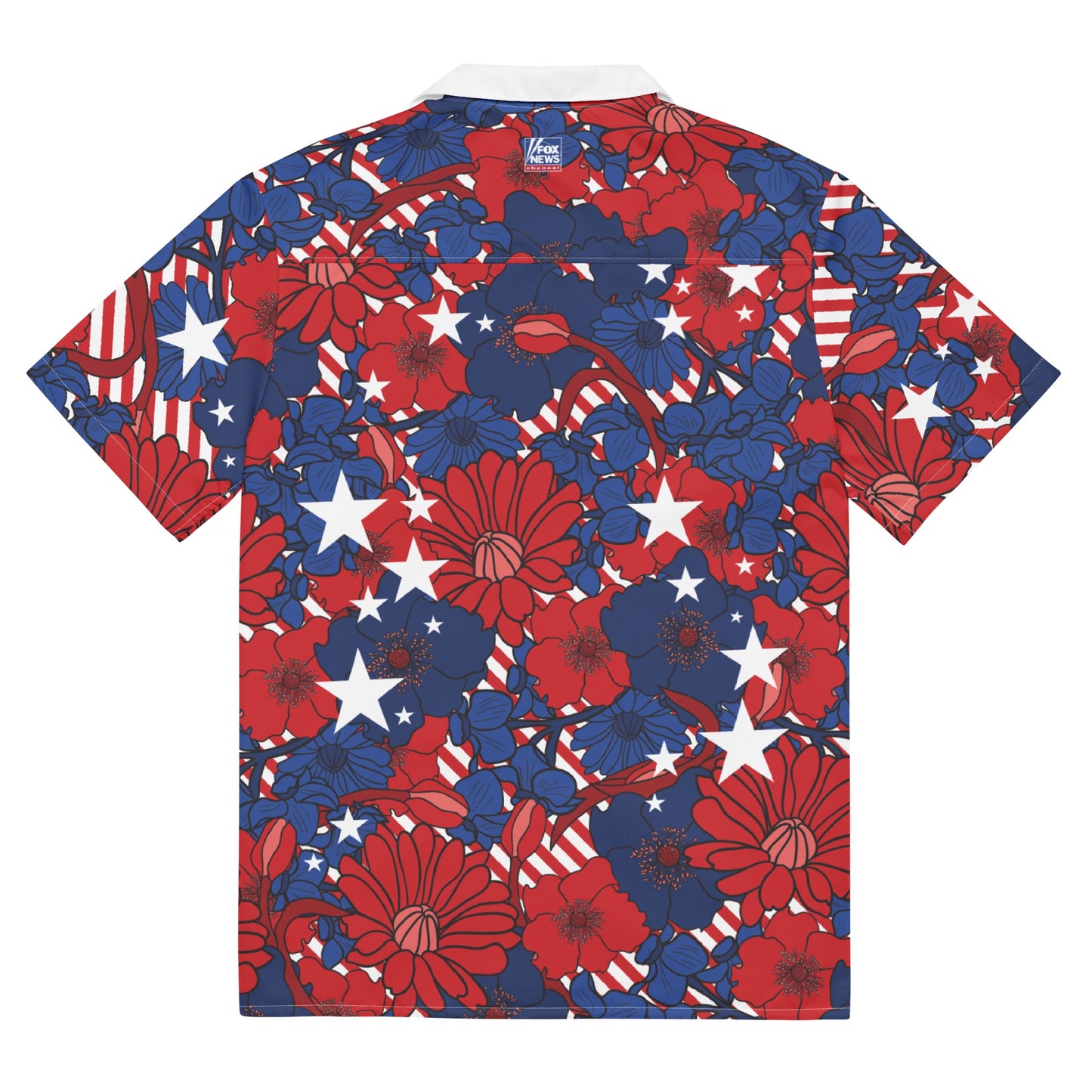 The FOX News Stars & Stripes Floral Hawaiian Button-Up Shirt displayed clearly against a clean suburban home setting.