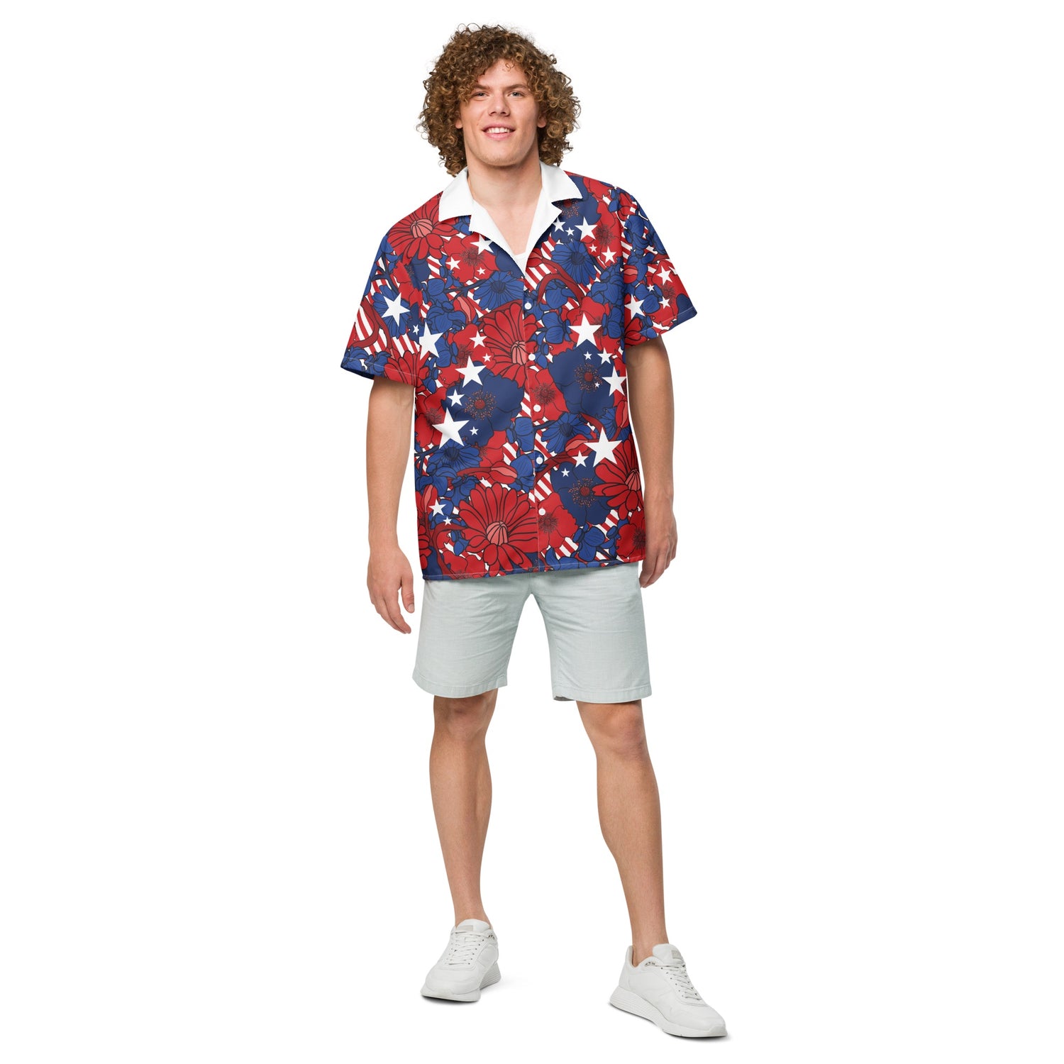 A person wearing the FOX News Stars & Stripes Hawaiian shirt at a summer gathering, showcasing the bold patriotic pattern.
