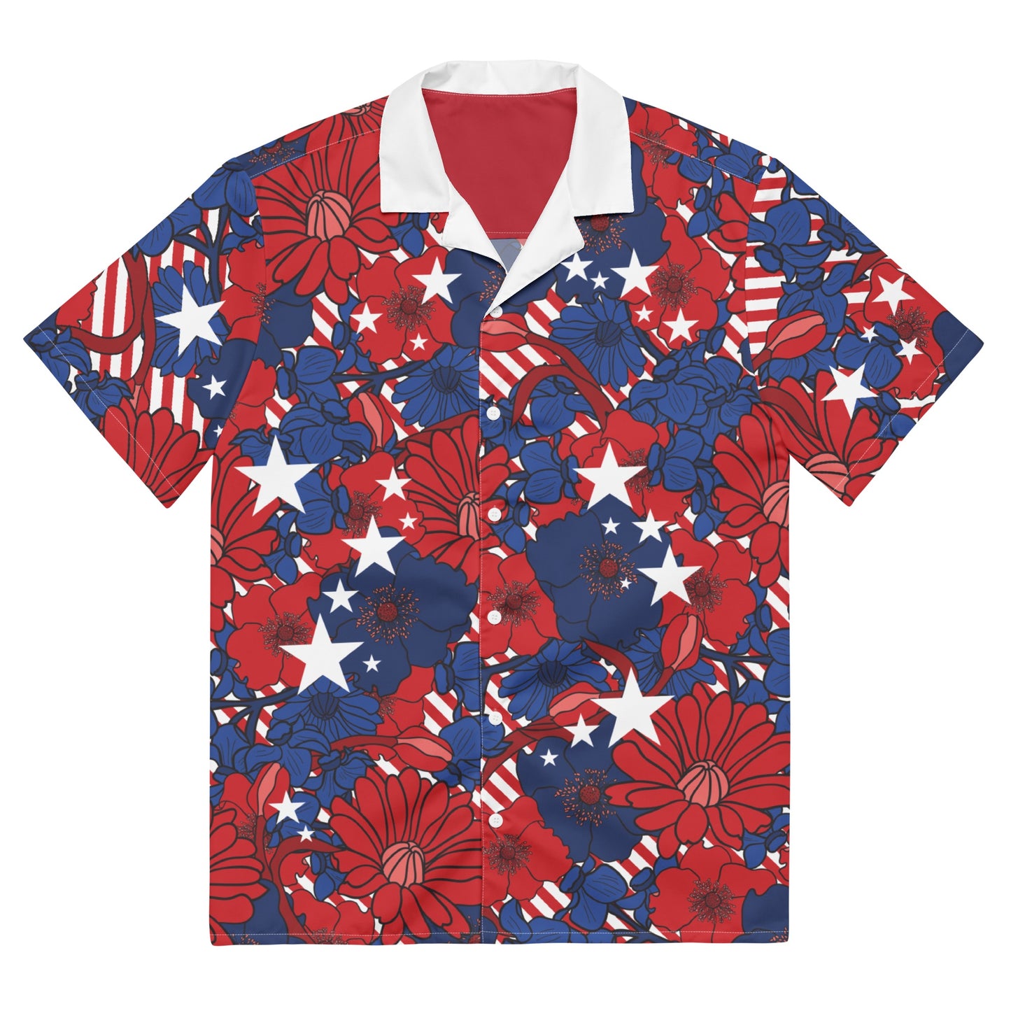 A man in a modern American backyard wearing the FOX News Stars & Stripes Floral Hawaiian Button-Up Shirt while enjoying a morning coffee.