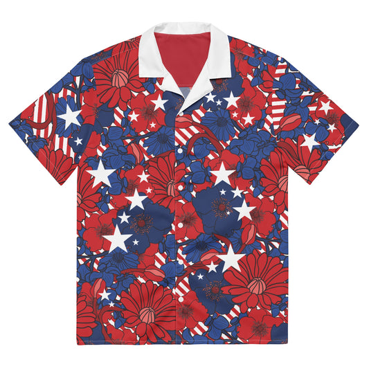 A man in a modern American backyard wearing the FOX News Stars & Stripes Floral Hawaiian Button-Up Shirt while enjoying a morning coffee.