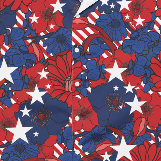 Close-up of the crisp FOX News logo and the patriotic red, white, and blue floral design on the button-down shirt.