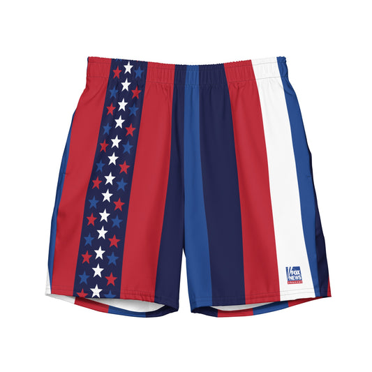 A pair of FOX News Stars & Stripes swim trunks with a patriotic red, white, and blue design featuring stars and stripes on a clean white background.