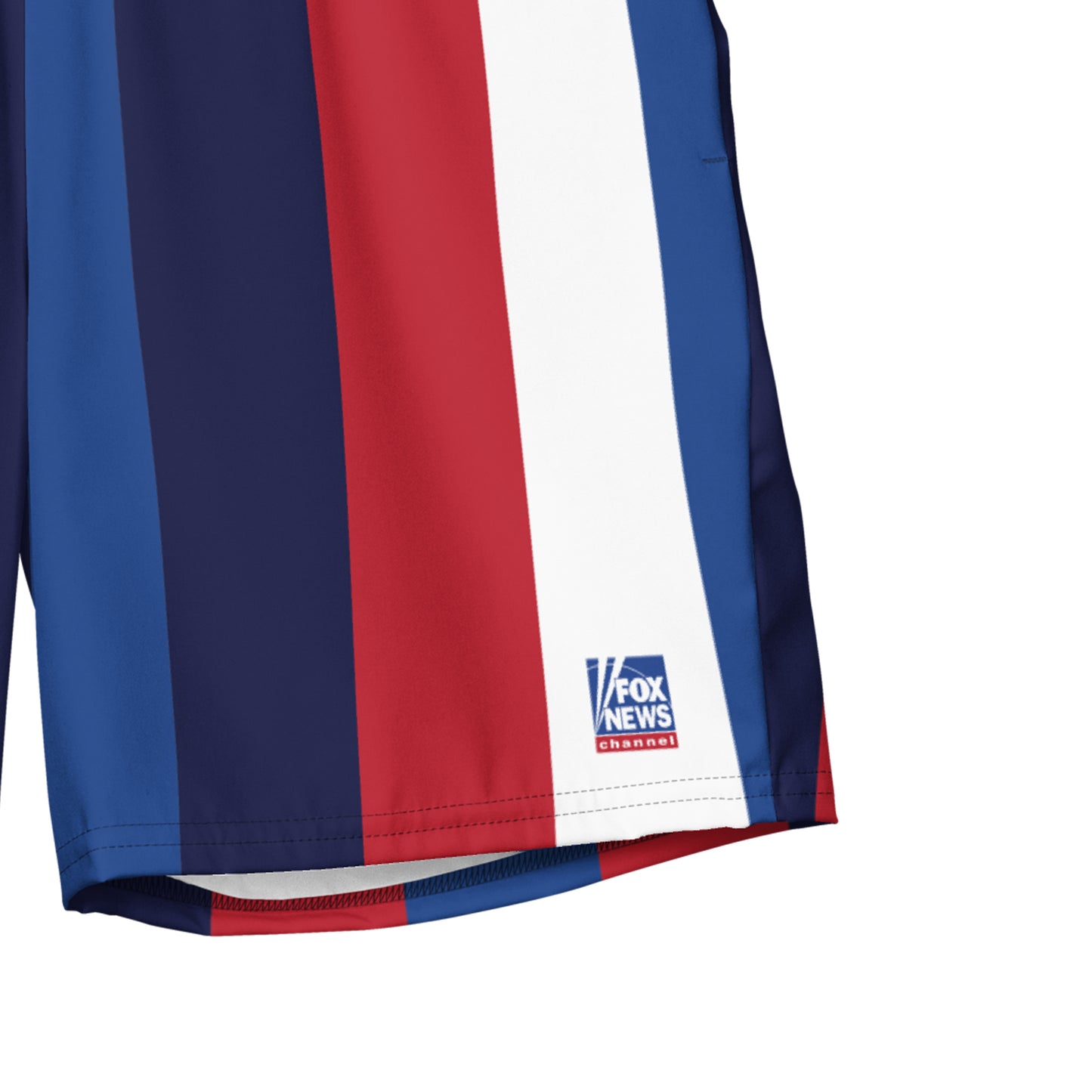 Close-up of the FOX News logo printed on the leg of the Stars & Stripes swim trunks, highlighting the crisp graphic detail.