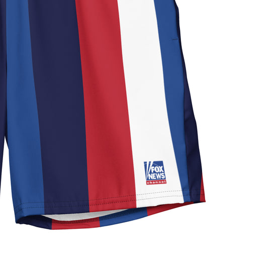 Close-up of the FOX News logo printed on the leg of the Stars & Stripes swim trunks, highlighting the crisp graphic detail.