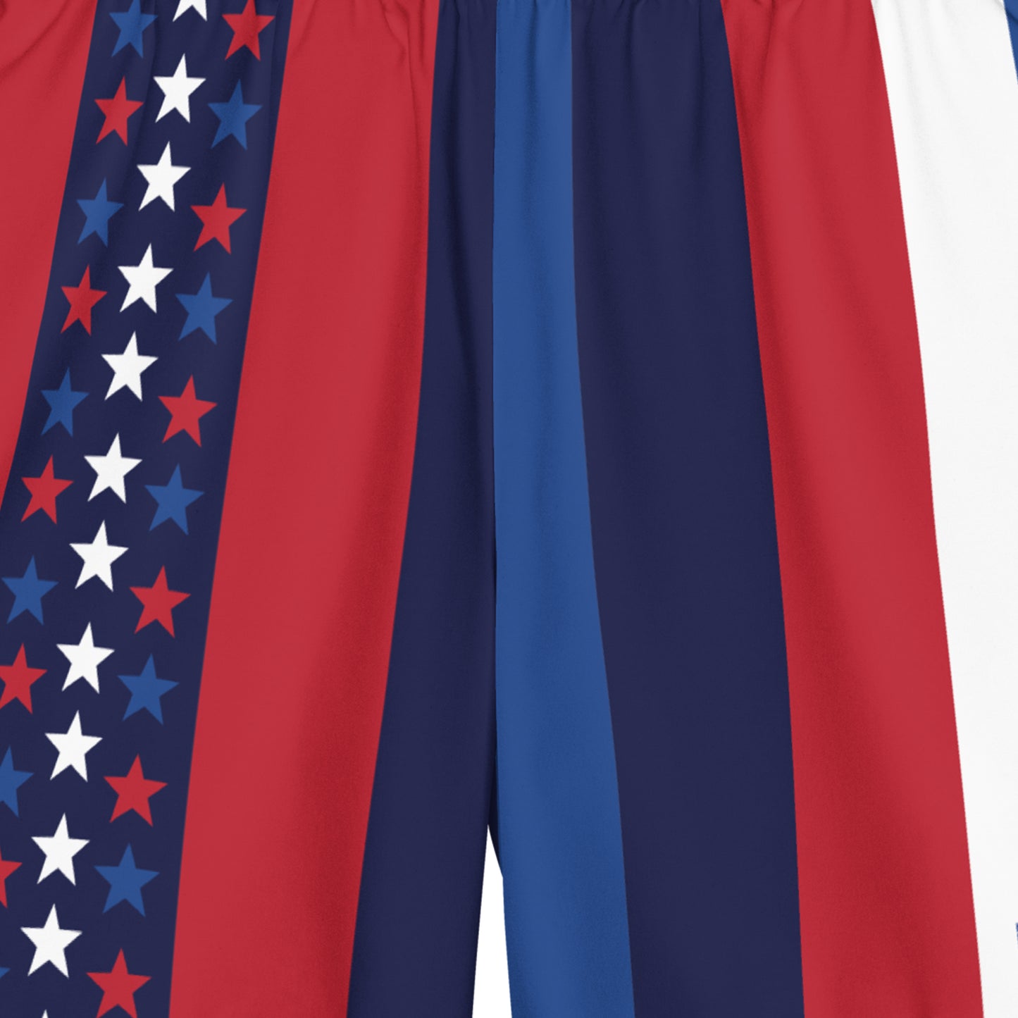 Detail of the elastic waistband and drawstring on the FOX News Stars & Stripes swimwear.