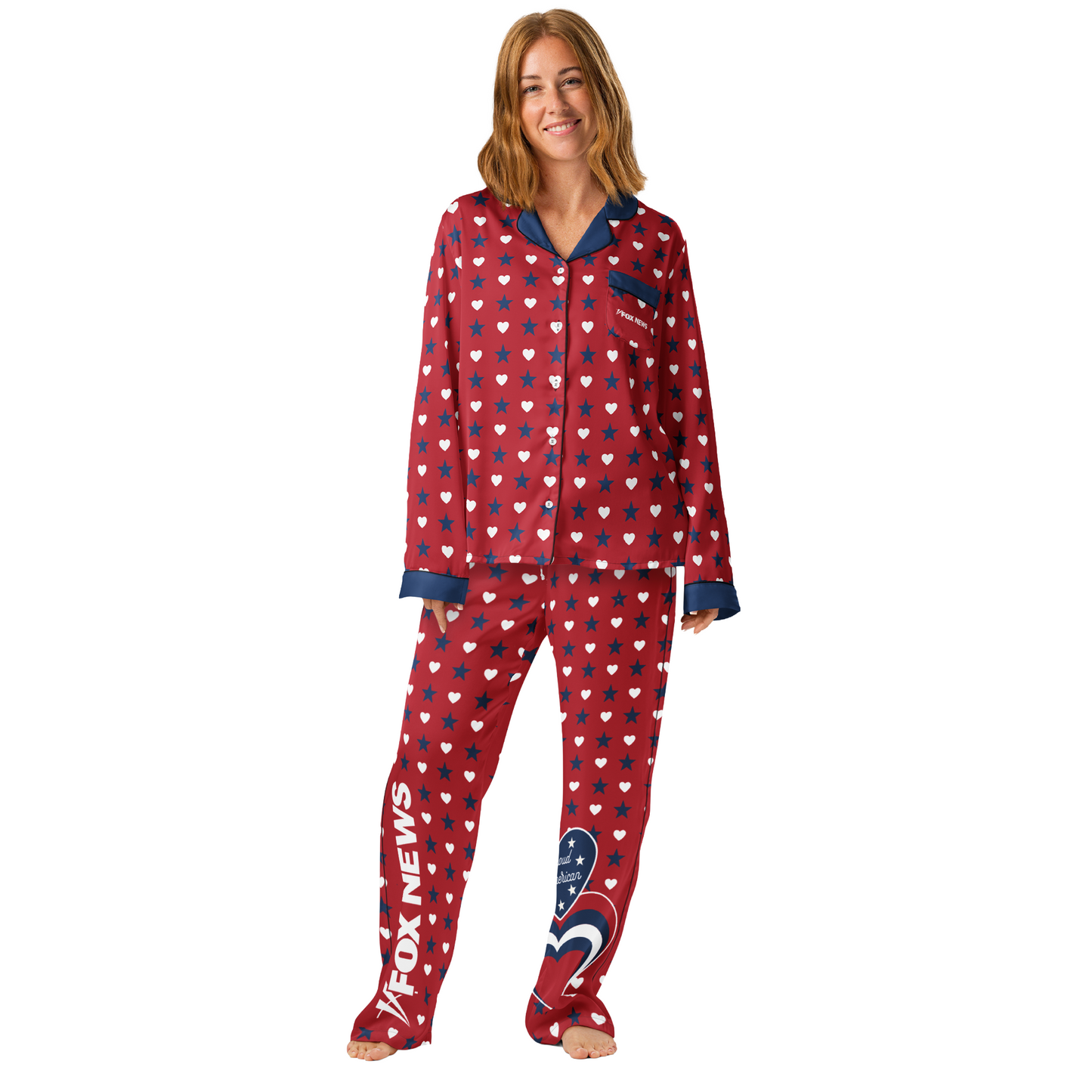 A clean lifestyle product shot of the FOX News Proud American pajama pants against a neutral background.