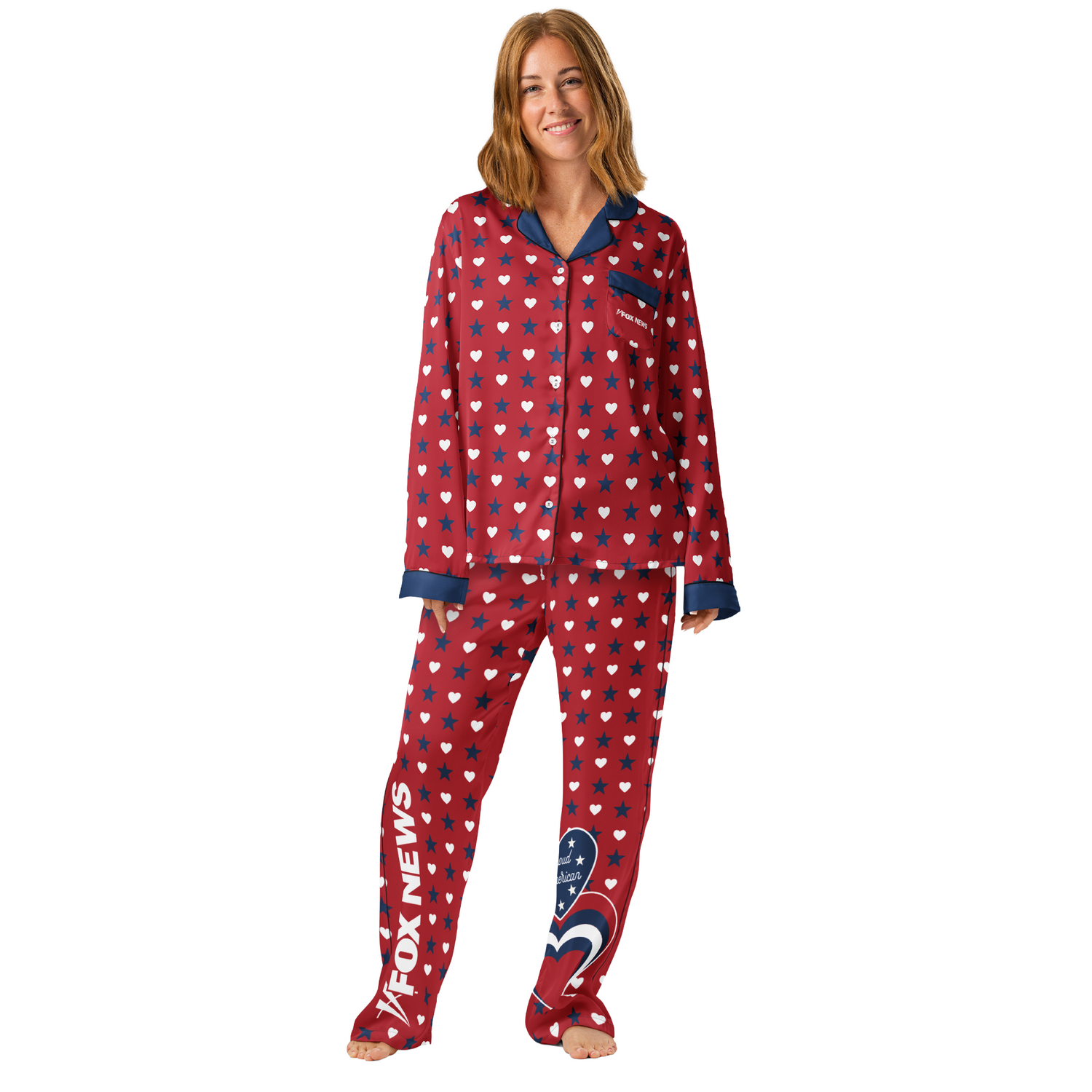 A clean lifestyle product shot of the FOX News Proud American pajama pants against a neutral background.