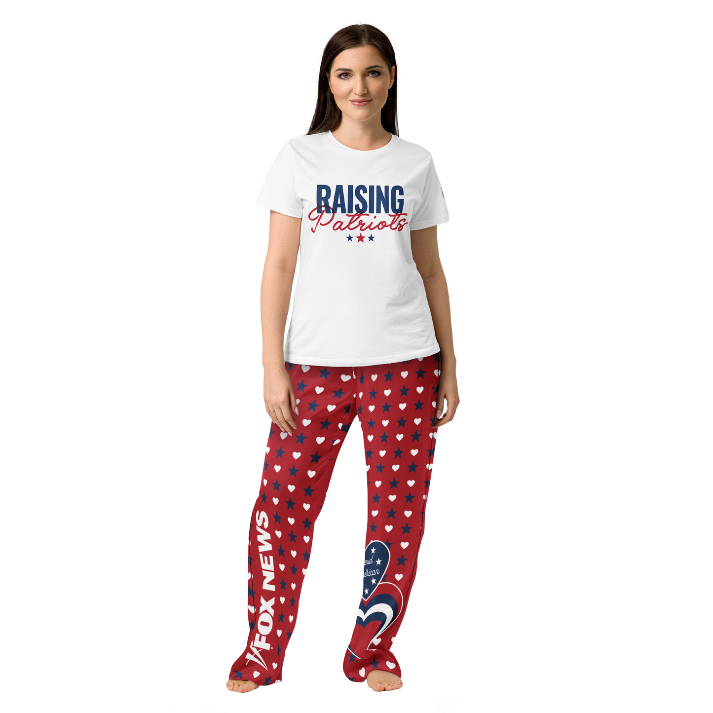 Full view of the FOX News Proud American lounge pants showcasing the all-over print design.