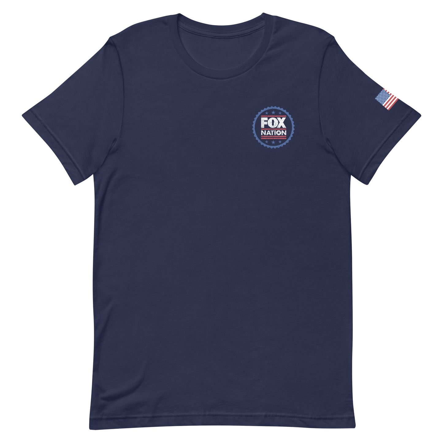 A man wearing the navy *FOX Nation* Badge T-shirt in a clean, suburban American backyard setting.