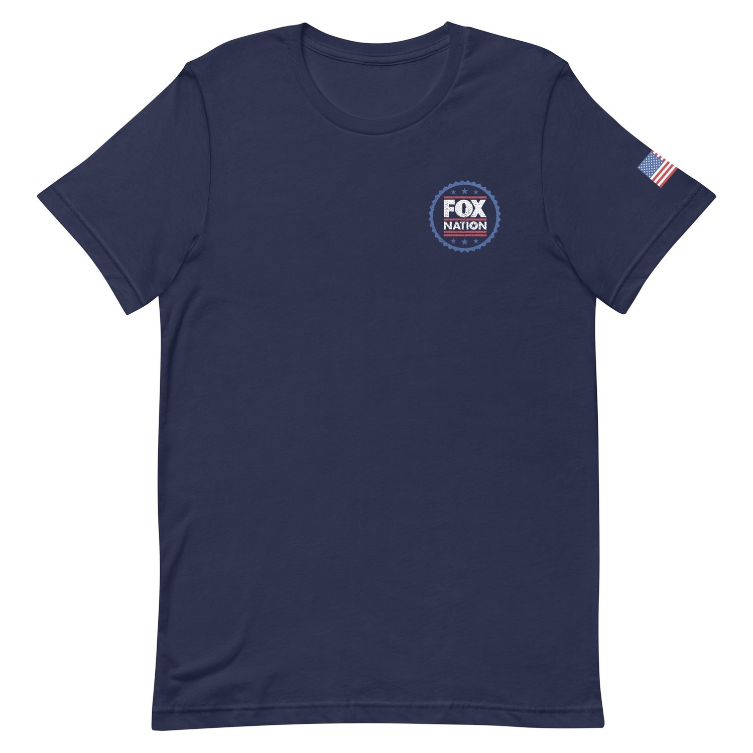 A man wearing the navy *FOX Nation* Badge T-shirt in a clean, suburban American backyard setting.