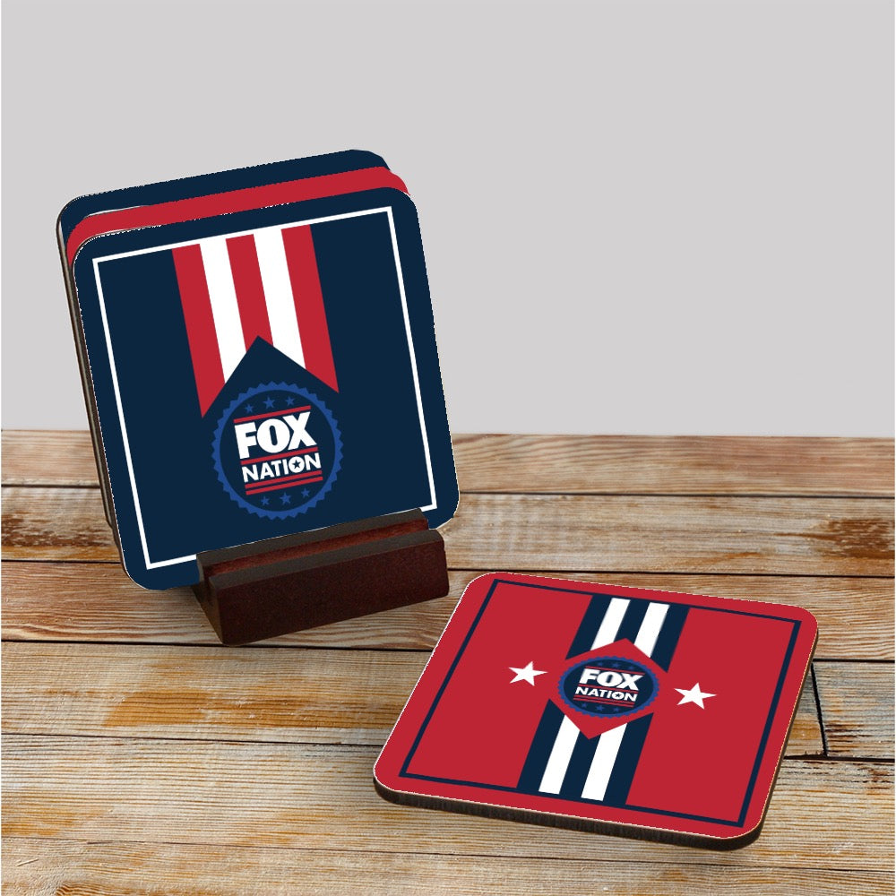 Close-up of the crisp FOX Nation logo on a high-quality coaster resting in its mahogany wood base.
