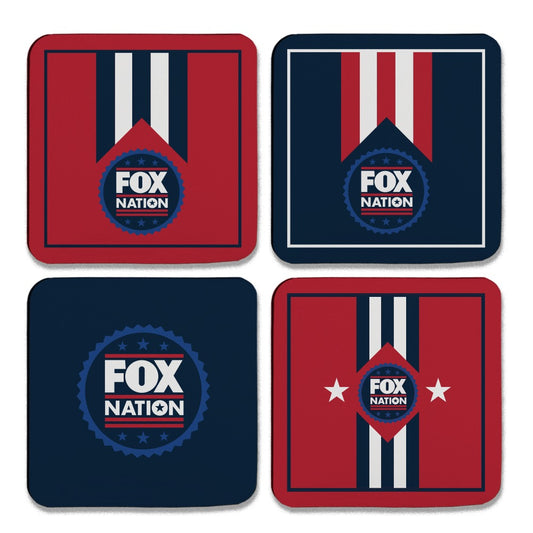 FOX Nation Logo Coaster Set with mahogany holder on a polished wooden coffee table in a clean American living room.