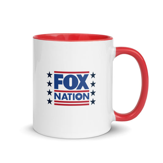 Close-up of the patriotic stars graphic and FOX Nation branding on a white ceramic mug.