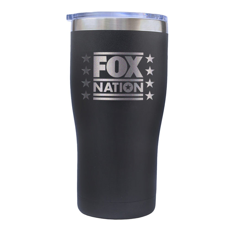 A matte black FOX Nation Stars Tumbler sitting on a clean American kitchen counter.