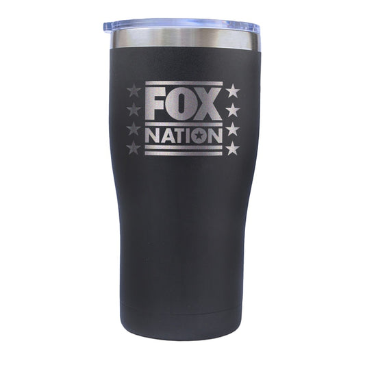 A matte black FOX Nation Stars Tumbler sitting on a clean American kitchen counter.