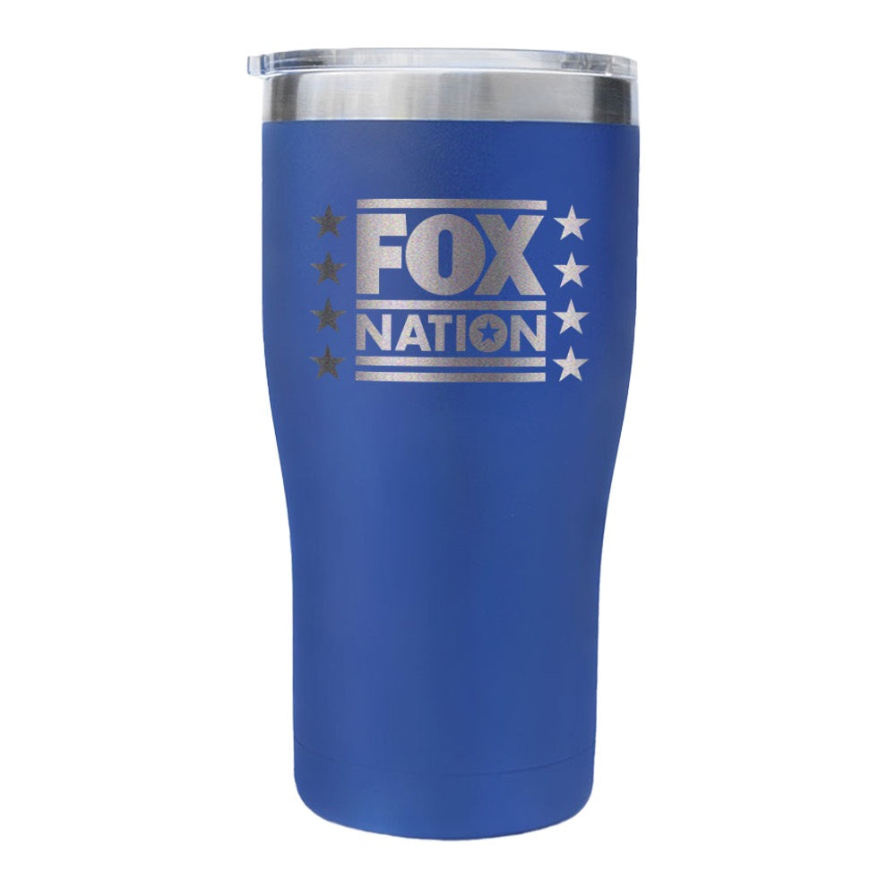 Side-by-side view of the 20 oz and 30 oz FOX Nation Stars Tumblers in black and blue.