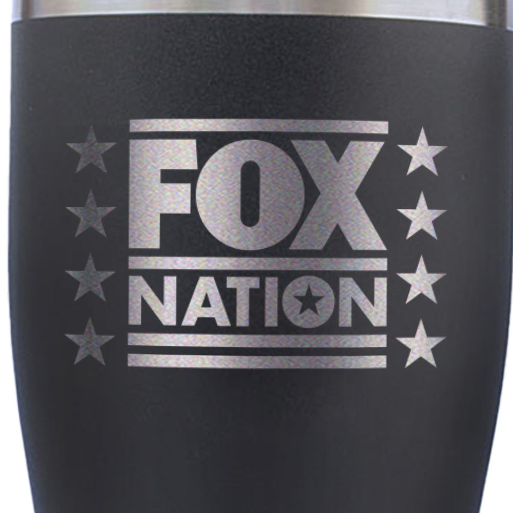 Close-up of the crisp stars graphic on the blue 30 oz FOX Nation Tumbler.