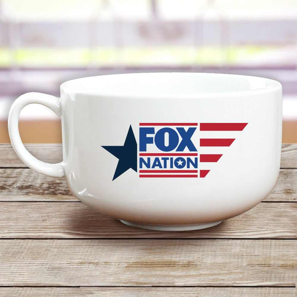 A *FOX Nation* ice cream bowl positioned in a comfortable suburban home setting, highlighting its durable construction and patriotic design.