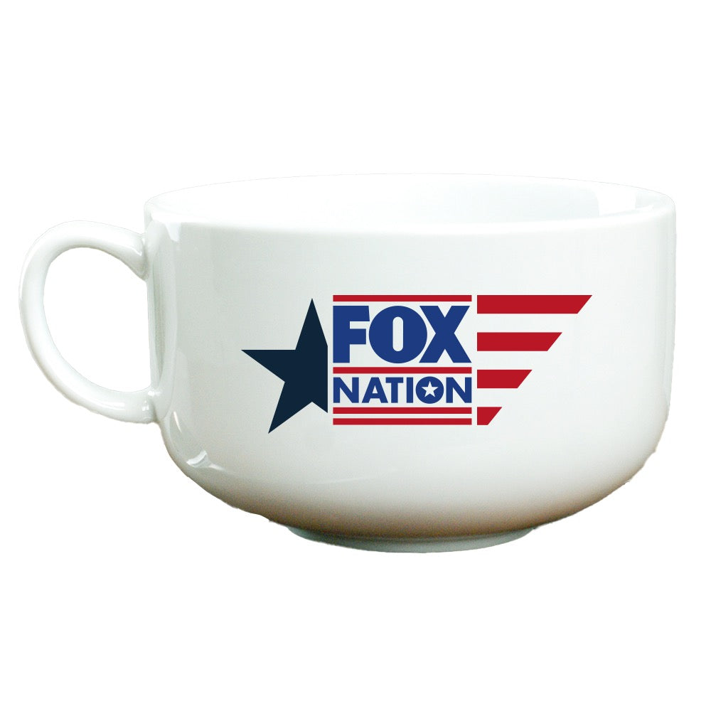 A crisp white ceramic *FOX Nation* logo ice cream bowl displayed on a clean, modern American kitchen counter.