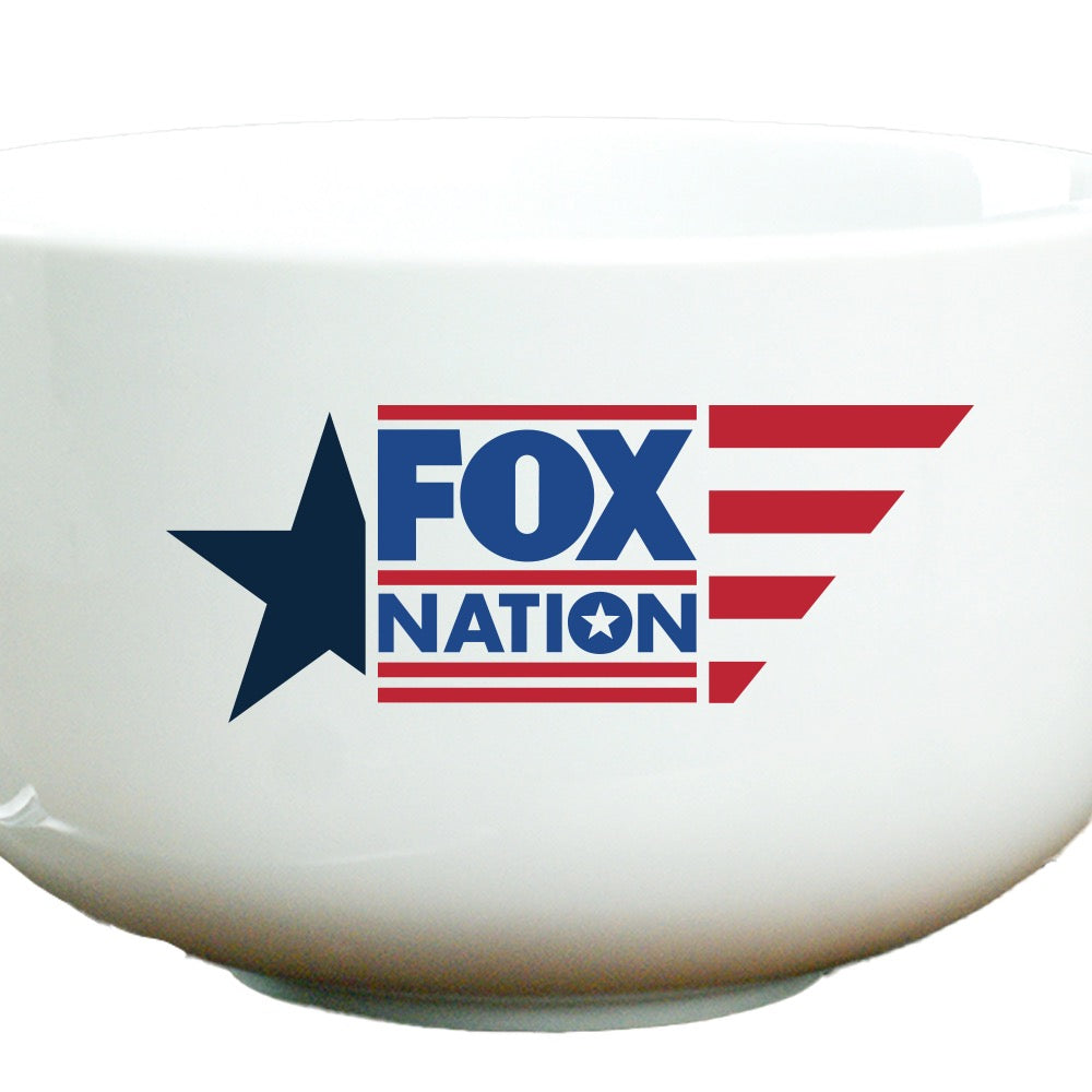 Close-up of the bold *FOX Nation* logo printed on the side of a high-quality ceramic dessert bowl.