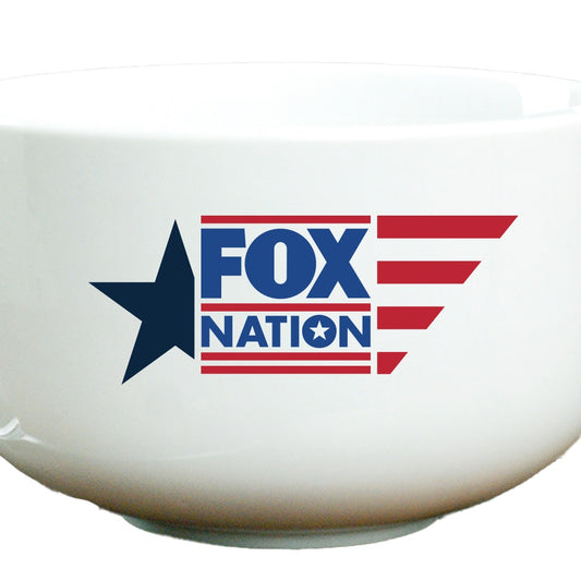 Close-up of the bold *FOX Nation* logo printed on the side of a high-quality ceramic dessert bowl.