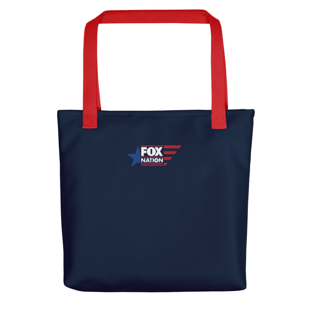 A crisp FOX Nation logo tote bag with vibrant red handles, displayed in a clean, suburban American home setting.