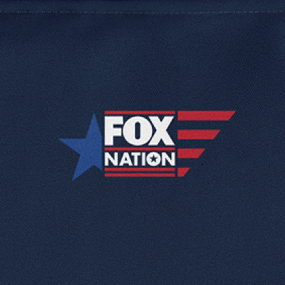 Front view of the FOX Nation all-over print bag, showcasing the iconic logo against a modern, neutral background.
