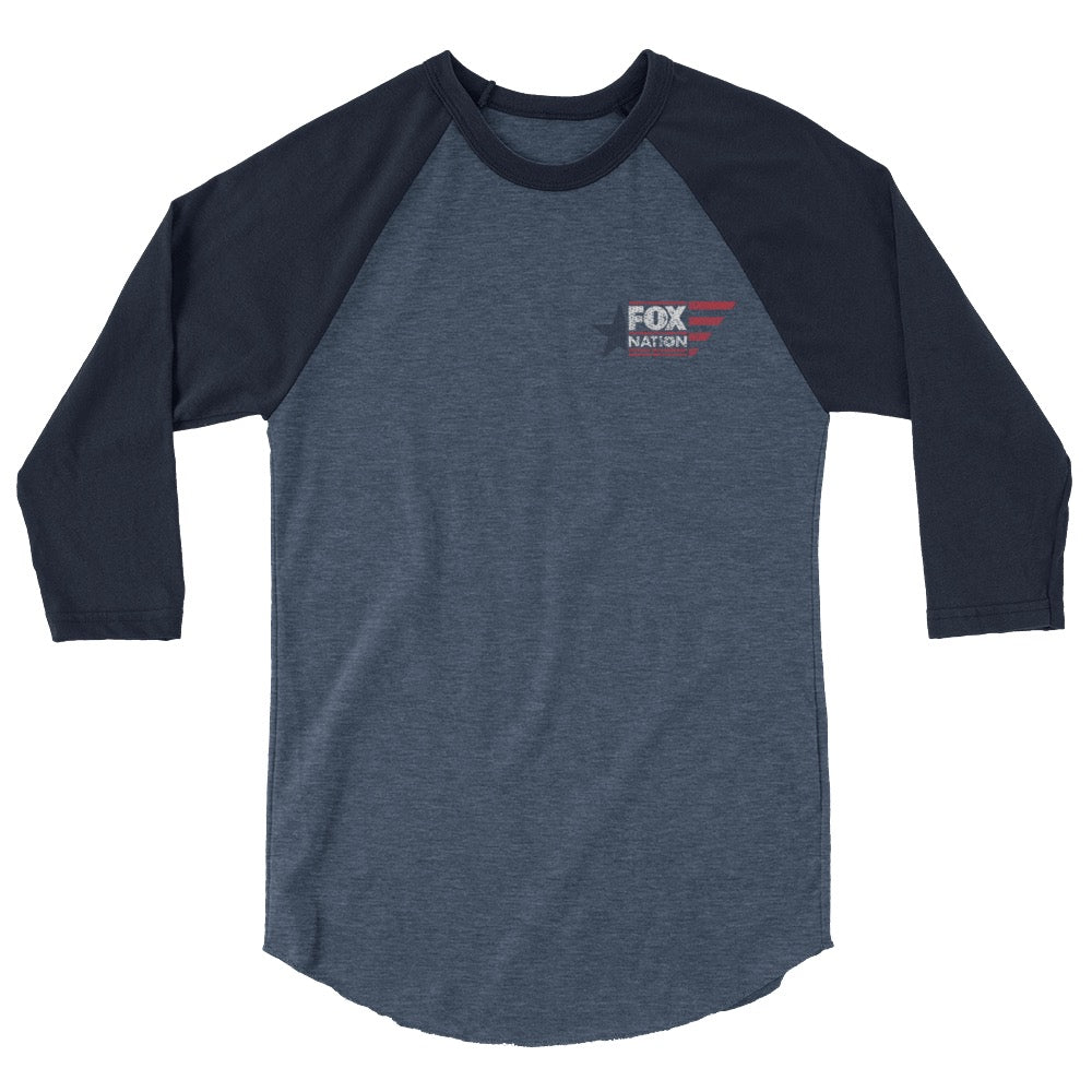 A front view of the FOX Nation Logo 3/4 Sleeve Raglan Shirt on a white background, showing the crisp FOX Nation logo on the chest and the contrast heather denim and navy sleeves.