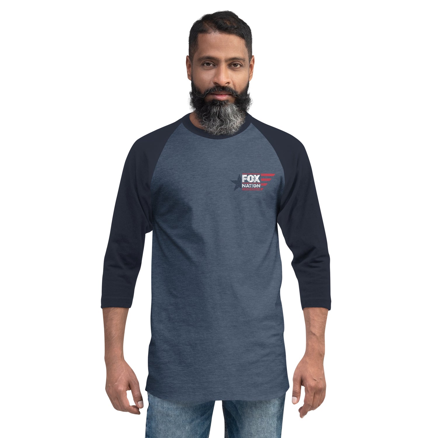 A lifestyle shot of the FOX Nation raglan shirt displayed in a comfortable American home setting, emphasizing its classic Americana style.