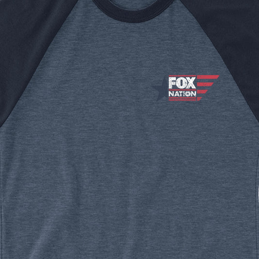 Detailed view of the FOX Nation logo graphic on the raglan shirt, highlighting the clean print and patriotic branding.