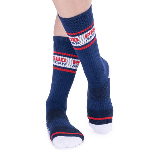 Close-up of the Blue *FOX News* *Proud American* socks highlighting the crisp logo placement on the ankle.
