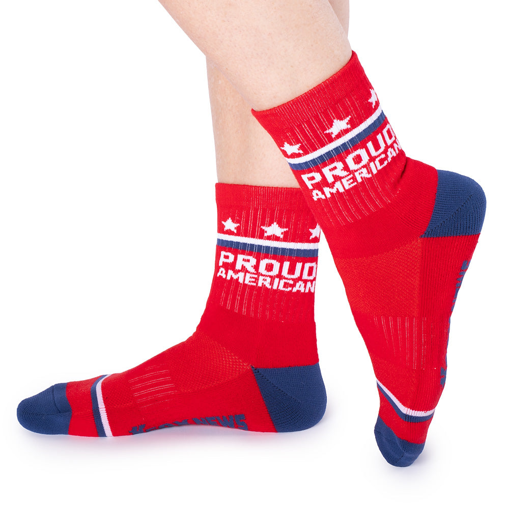 Action shot of the patriotic socks highlighting their use as athletic hosiery for workouts.