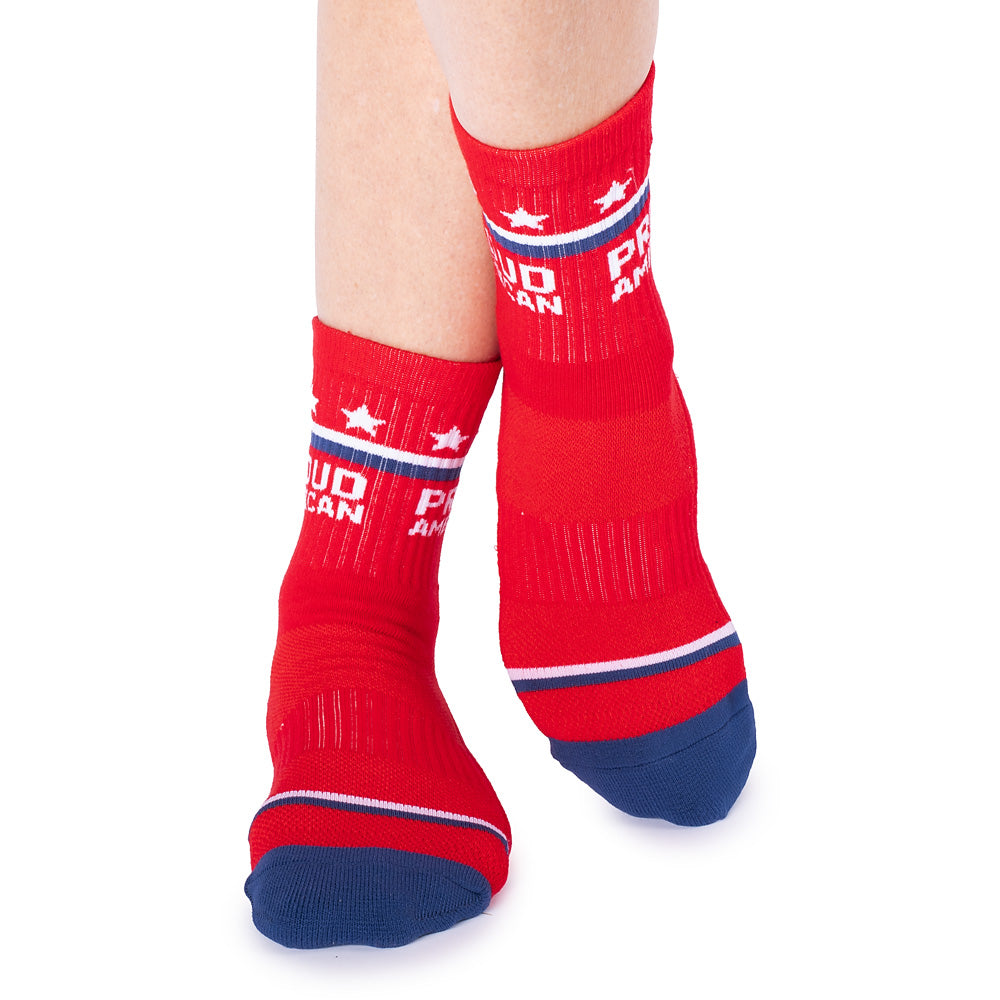 Close-up of the high-quality *Proud American* graphic and crisp *FOX News* logo on the red socks.