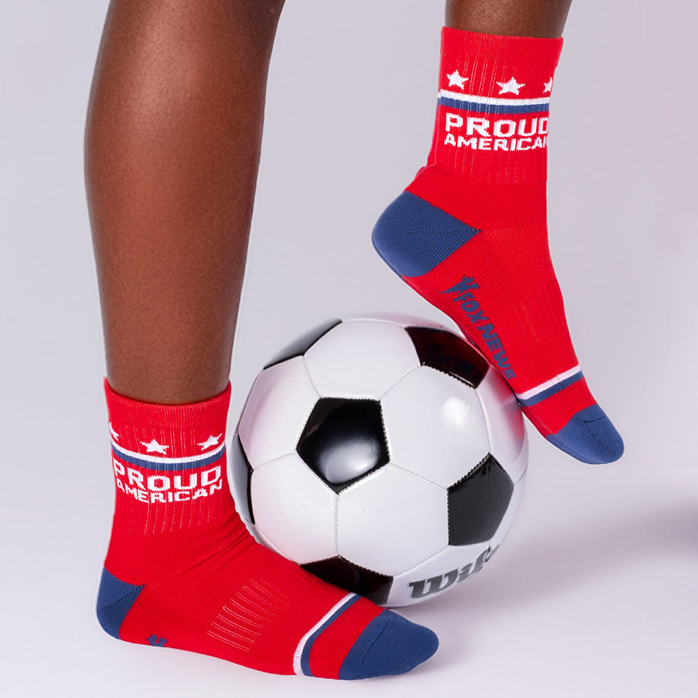 Patriotic red midi socks featuring bold branding for loyal *FOX News* viewers.