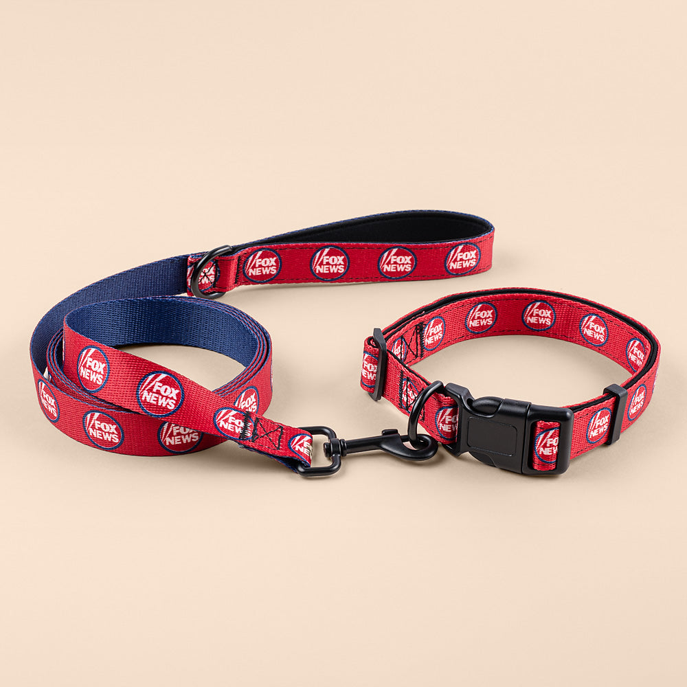 A close-up shot of the FOX News pet collar highlighting the crisp presentation of the FOX News logo and patriotic colors.